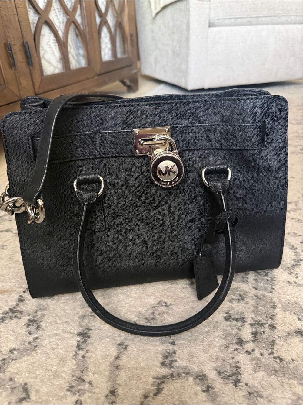 Michael Kors Black Saffiano Leather Satchel with Gold Hardware